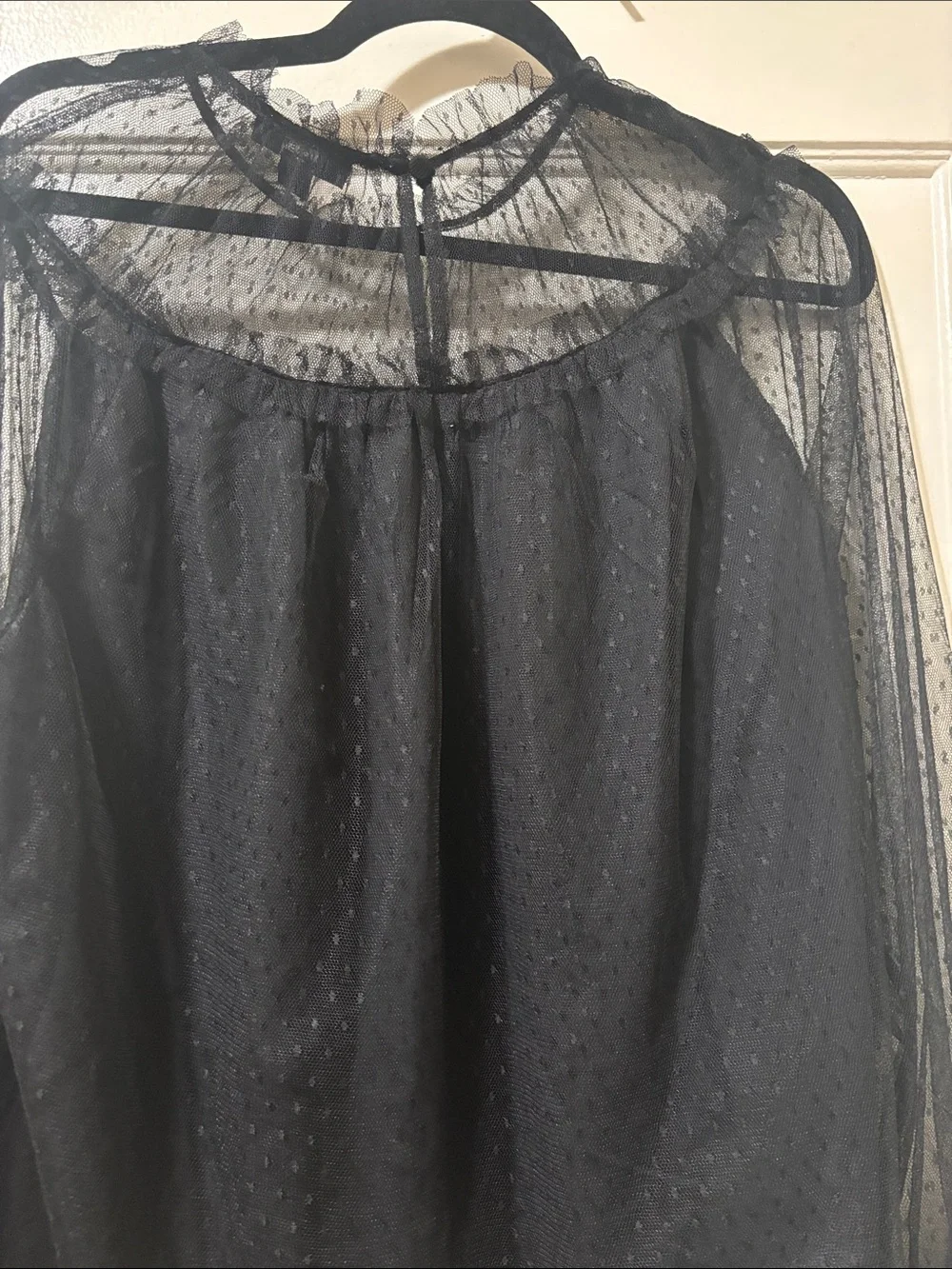 Jcrew Black Sheer Dot Mesh Blouse with Ruffle Neckline